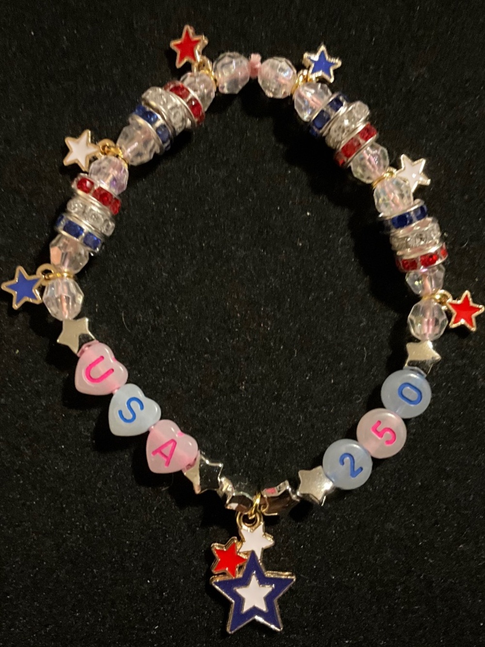 USA 250 Glow in the Dark Patriotic Stretch Bracelet Handmade Red White Blue